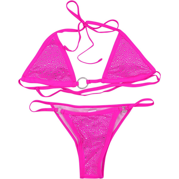 en's Sexy Sparkly Rhinestone Triangle Bikini 2 Piece O Ring Tie Back String Thong Swimsuit Hot Pink Small