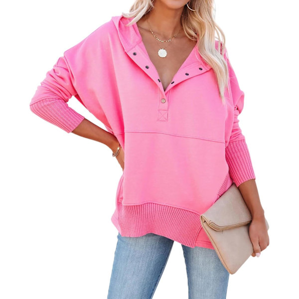 ivimos Dam Överdimensionerade Sweatshirts Höst Viktiga Hoodies Pullover Bomull Långärmad Knapp Upp Casual Toppar med Fick Rosa X-Large