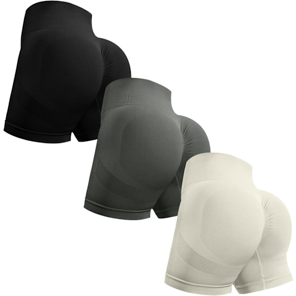 ORT 3-pack träningsshorts för kvinnor sömlösa Scrunch Butt Lifting High Waisted Yoga Gym Booty Running Short Pants Svart/Grå/Vit Liten