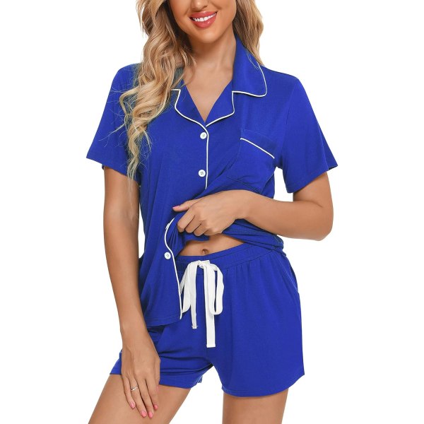 ng Dam Button Down Pyjamas Set V-hals Kortärmad Nattkläder Mjuk Pj Set S-XXL, A Style Byxor Inga B - Royal Blue(med Shortsfickor) Medium