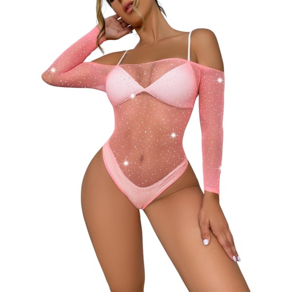 Kvinnors Sparkle Rhinestone Bodysuit Fishnet Lingerie Cut Out Sexy Mesh Teddy Bodysuit Rosa