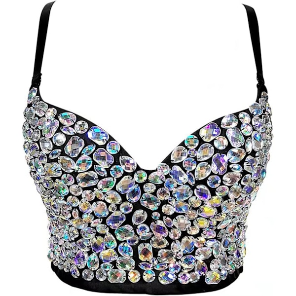 en's Bustier Crop Top Mesh Corset Top Push up Rhinestone Diamond Bra Club Party Vest #7 Svart Medium