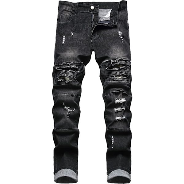 YUM Herr Distressed Slim Fit Biker Jeans Stretched Moto Denim Byxor