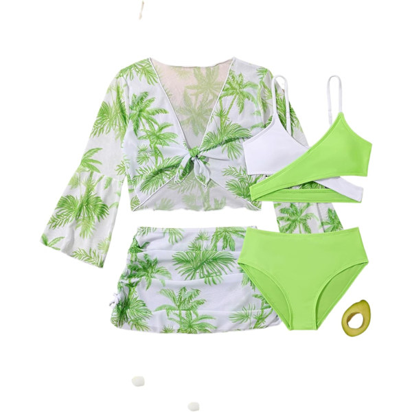 dusa Flicka 4-delad baddräkt Crisscross Bikini Set med tropiskt tryck Cover Up Lime Green 8 år