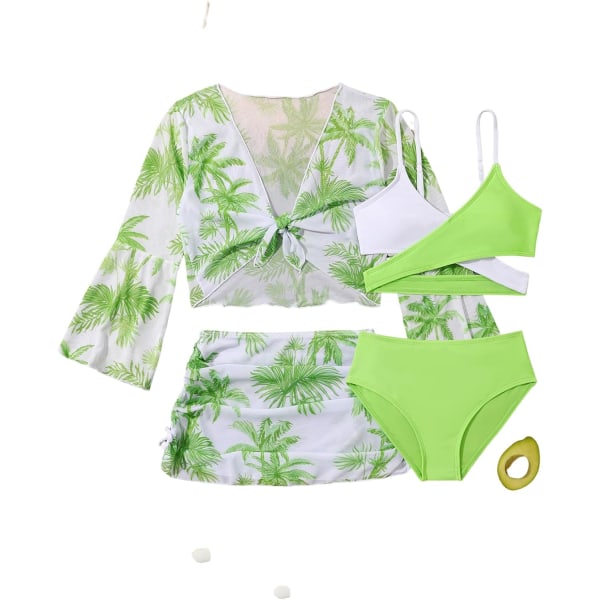 dusa Girl's 4-delade badkläder korsade bikiniset med tropiskt print cover limegrön 12 år