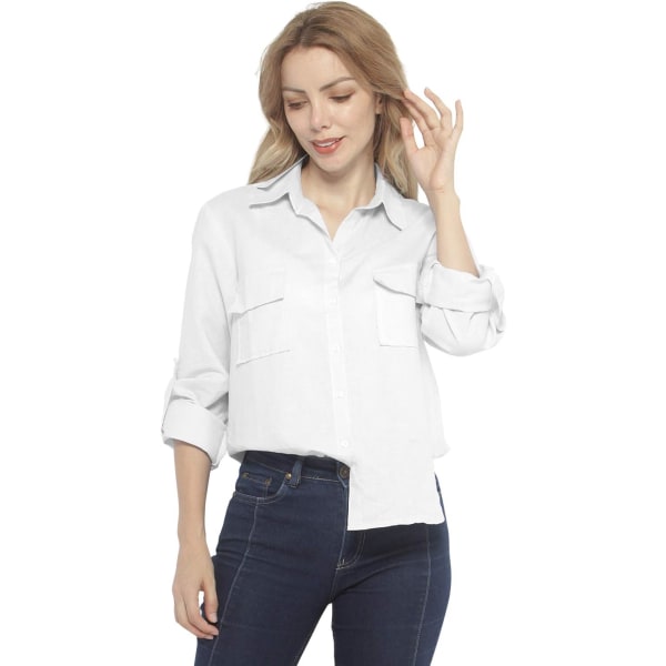 ch Långärmade skjortor i linne med knappar för kvinnor med fickor #2046 Vit X-Large