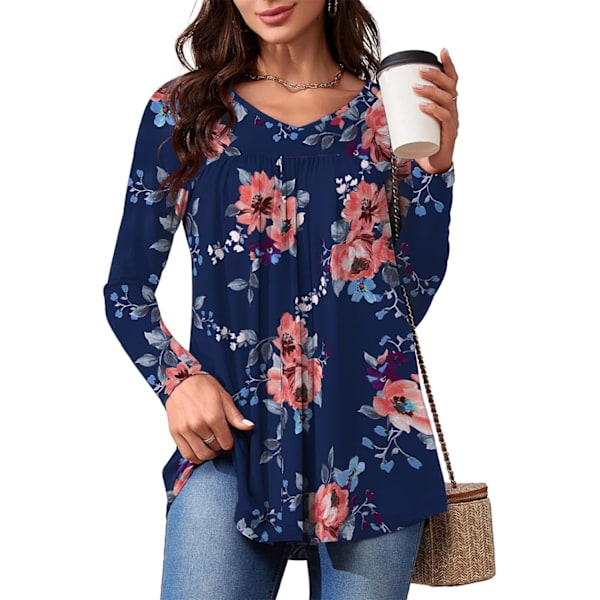 LASI Dam långärmad midjekjol V-ringning avslappnad formell T-shirt lös passform par med leggings skjorta höst topp  Medium