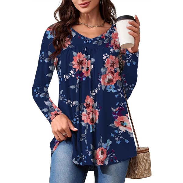 LASI Långärmade tunikatröjor för kvinnor V-ringad Casual Dressy T-shirts Lös passform med leggings Blusar Hösttröjor för kvinnor Blå blommig Medium
