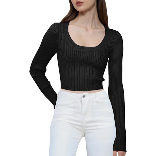Kvinnor långärmad sexig figursydd korta toppar Slim U fyrkantig hals stickad kort pullover U-hals svart X-Large