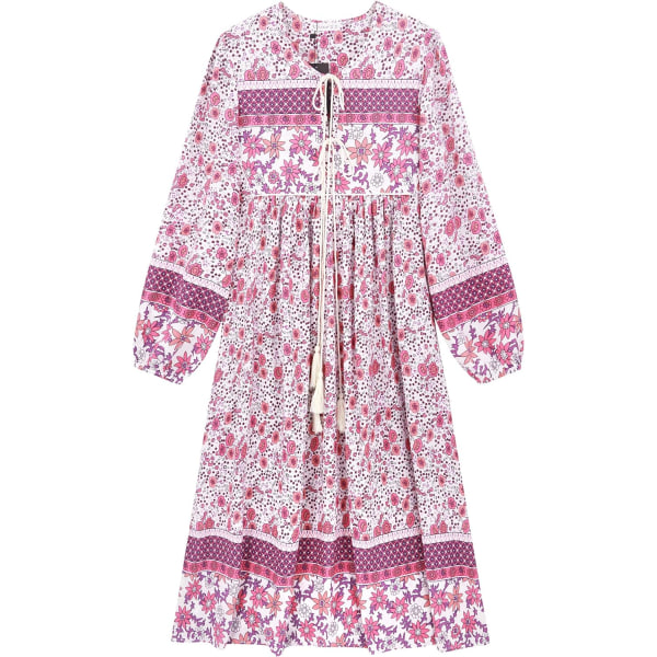 ivimos Dam långärmad blommig retro V-ringad tofs bohemisk midiklänning vitrosa XS