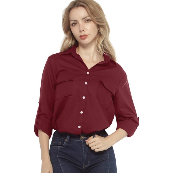 ch Långärmade skjortor i linne med knappar för kvinnor med fickor #2046 Stenröd Medium