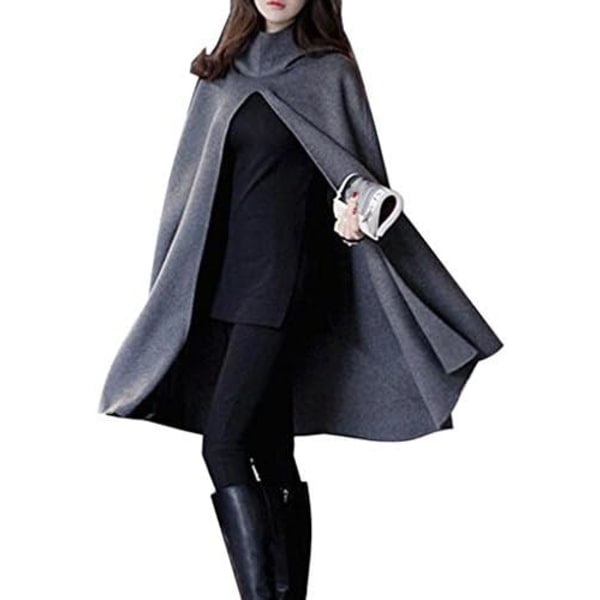 think Dam Solid Ull Huva Split Front Poncho Cape Grå Medium