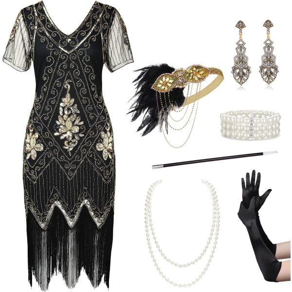 EYOND Plus Size 1920-tal Art Deco fransad paljettklänning Flapper Gatsby kostymklänning för kvinnor Set - Blackgold 3X-Large