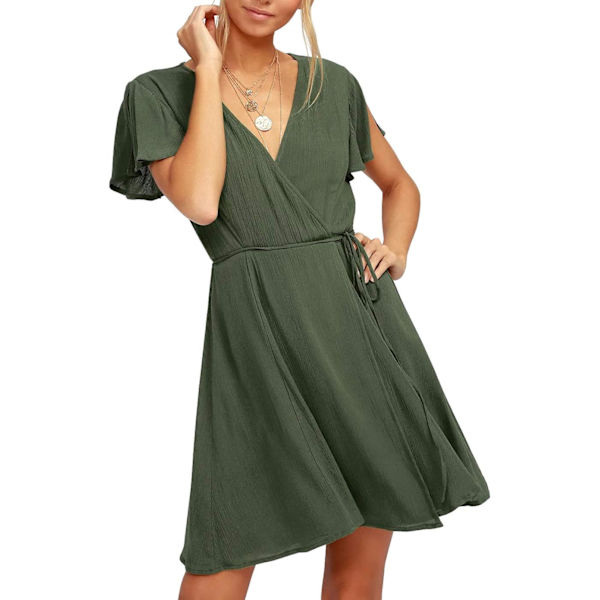 ivimos Dam Sommar Bomull Korta Ärmar V-Ringning Casual Wrap Miniklänningar Armygreen Medium