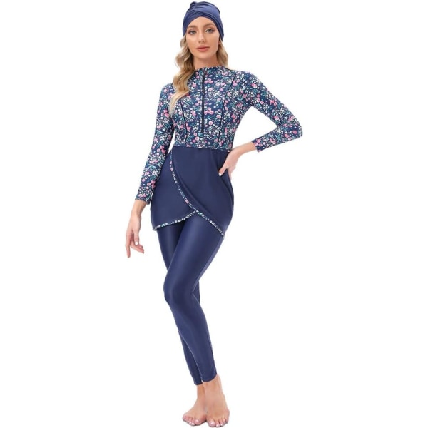 lim Badkläder för kvinnor Modest Baddräkt Burkini Top Byxor Hijab 3 delar Cover Print Simdräkt Islamisk Blå + Blommig XX-Large