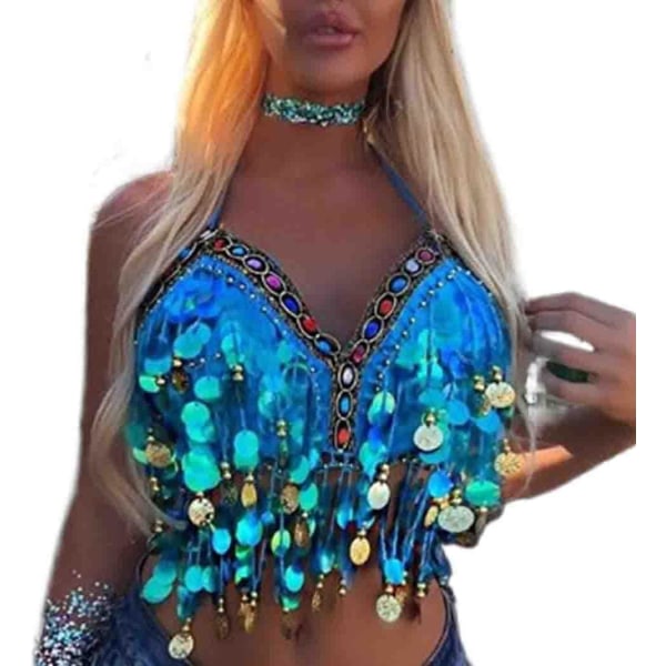 yua Paljetter Magdans Bh Tofs Bling Halterneck Bh Topp Glitter Festival Boho Rygglös Bh Crop Top för Kvinnor Blå