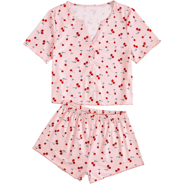 dusa Dam 2-delad knapp ned kortärmad Ditsy blommig knapp framtill nattkläder Loungewear PJ set Cherry Pink Small