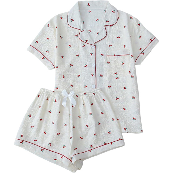 dusa Dam 2-delad tryckt loungewear pyjamas set nattkläder knappuppskjorta med shorts aprikos X-Large