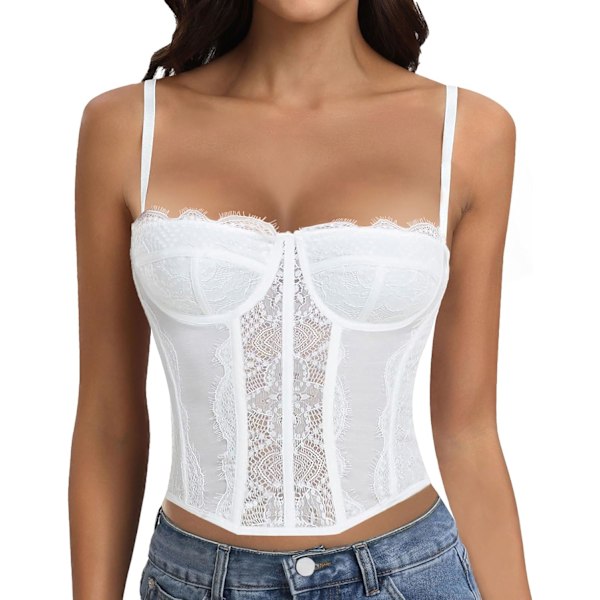 LLEY Fashion Lace Bustier Korsett Crop Tops för kvinnor med spänne - Sexig utgångstopp vit liten