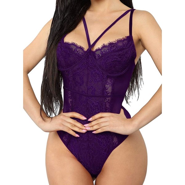 Genom Lingerie, V-ringad spetsbody, sexig underkläder för kvinnor, en del body suit lila medium