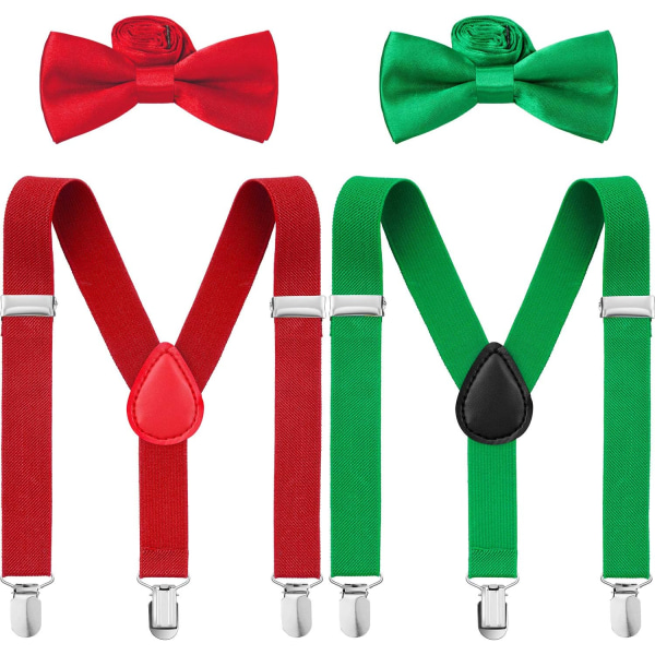 INIOR 4-delade hängslen fluga set för barn, justerbar hängslen fluga för pojkar och flickor Röd och grön S