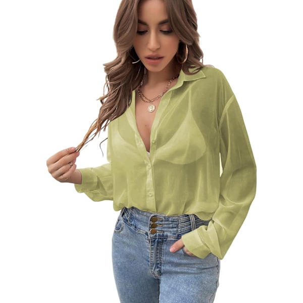 dusa Dam Sheers Mesh Knapp Ned Skjorta Topp Långärmad Sänkt Axel Blus Medium Grön X-Small