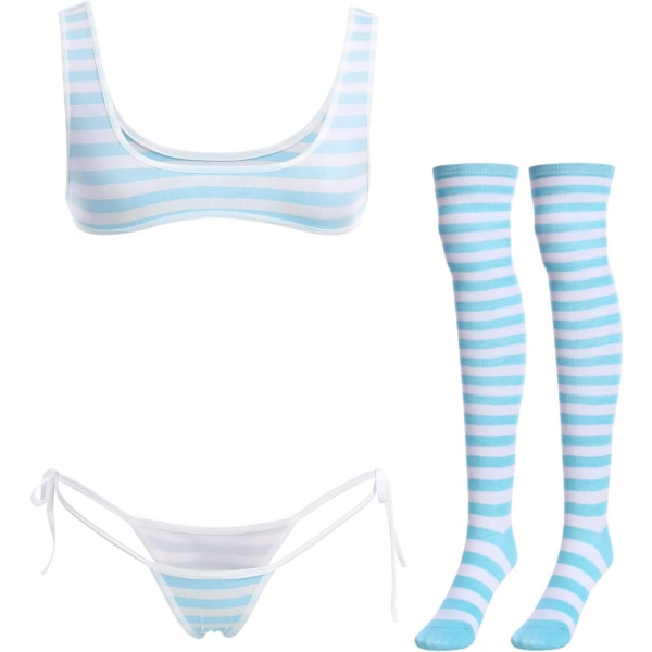 Kawaii Anime Lingerie Set Halter Strap Micro BH Tiny Trosa Strumpeband Randiga Strumpor 4 st Underkläder Outfit Blå - Wide Str En Storlek