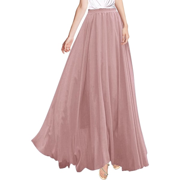 Kvinnor Full/Ankel Längd Elastisk Plisserad Retro Maxi Chiffon Lång Kjol Rosa XX-Large