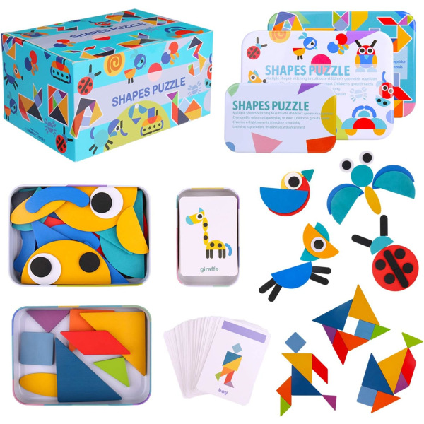 Ow Trä Mönster Block, 2 Pack Trä Pussel Tangram Pussel Block Set med Mönster Kort Utbildnings Sortering och Stapling Spel för Barn