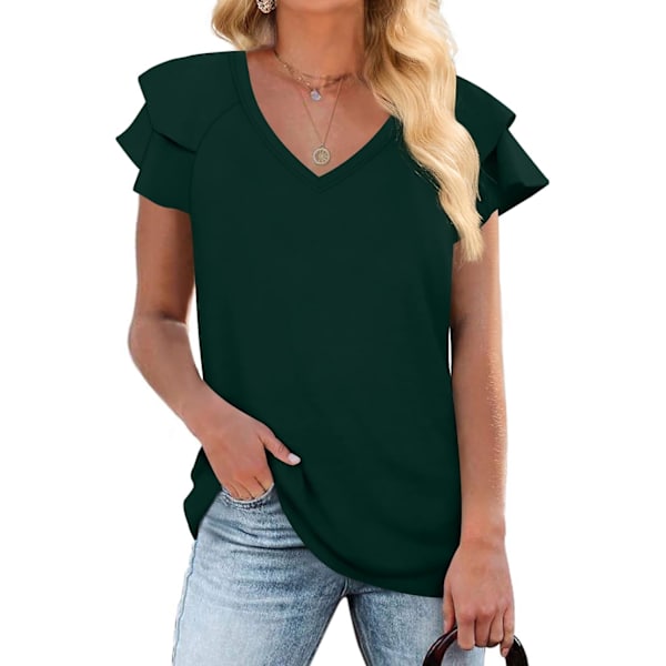 MOON Damkläder Casual Toppar Sommar Volang Korta Ärmar Tunika V-Ringning Lös Passform Flytande T-Shirts Mörkgrön Medium