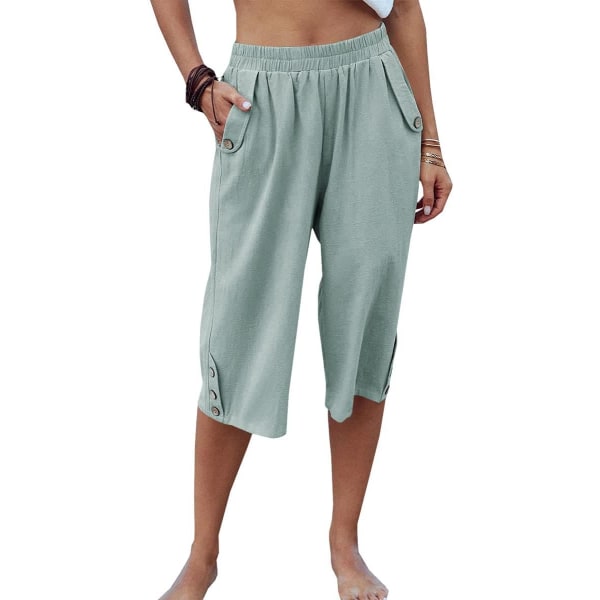 aer Dam Capribyxor Casual Cropped Byxor Elastisk Midja Sommarbyxor 3/4 Längd Byxor med Fickor S-XXL Celadon Green Small