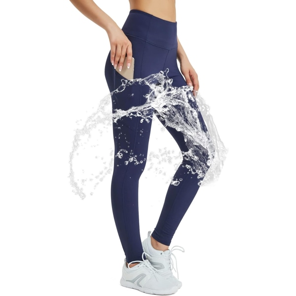 PS Fleece-fodrade leggings för kvinnor, vattentäta vintertermiska leggings för kvinnor, tjocka varmfodrade yogabyxor med fickor, marinblå, stor