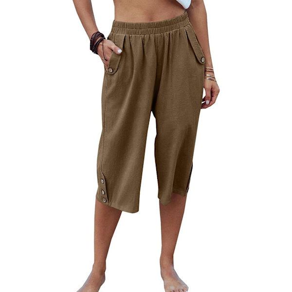 aer Dam Capribyxor Casual Cropped Byxor Elastisk Midja Sommarbyxor 3/4 Längd Byxor med Fickor S-XXL Brun Medium