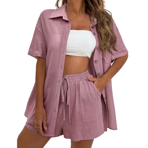 ABU Damkläder Linne Shorts Set 2 Delar Sommar Kortärmad Topp och Shorts Sweatsuit Set Semester Strandkläder
