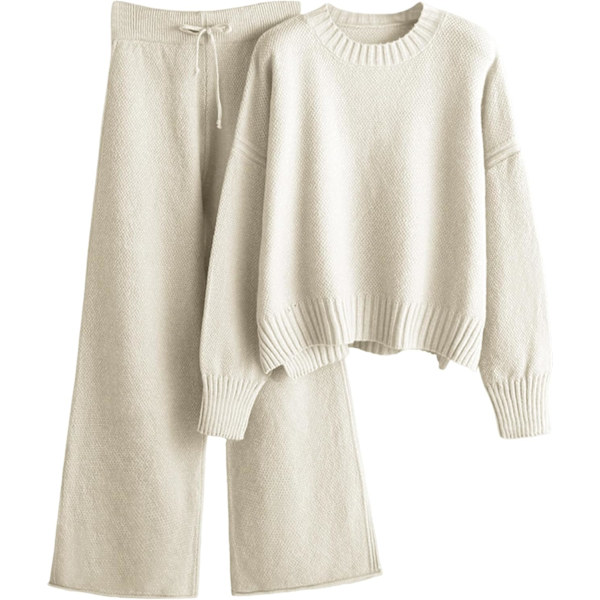 lisan Dam 2-delade outfits Tröjor Set Stickad Loungewear Långärmad Pullover och Vida Benbyxor Lounge Set