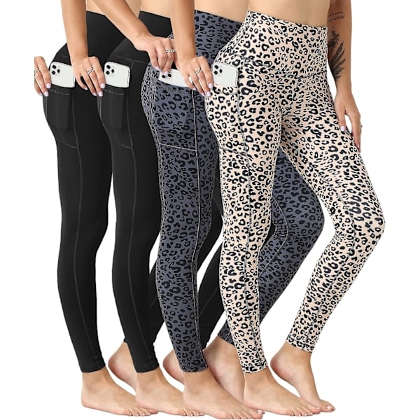 NGCHARM 4-pack leggings med fickor för kvinnor, hög midja, magkontroll, träningsyoga-byxor, 4