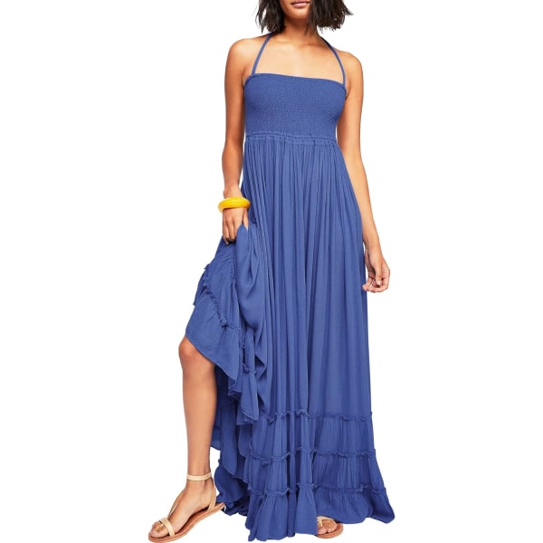 ivimos Dam Sommar Bomull Sexig Rygglös Långa Klänningar Royal Blue Large