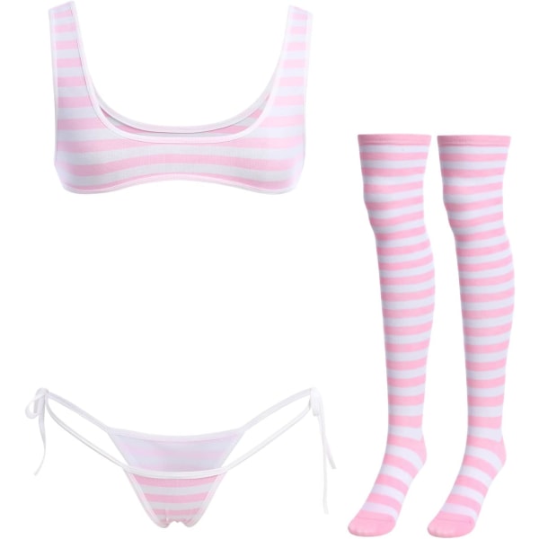 Kawaii Anime Lingerie Set Halter Strap Micro BH Tiny Trosa Strumpeband Randiga Strumpor 4 st Underkläder Outfit Rosa - Wide Str En Storlek