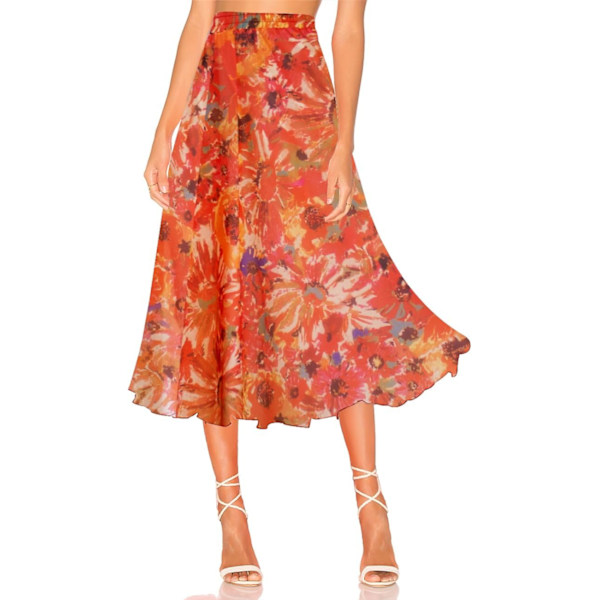 Kvinnor Full/Ankel Längd Elastisk Plisserad Retro Maxi Chiffon Lång Kjol Blommig Röd Medium