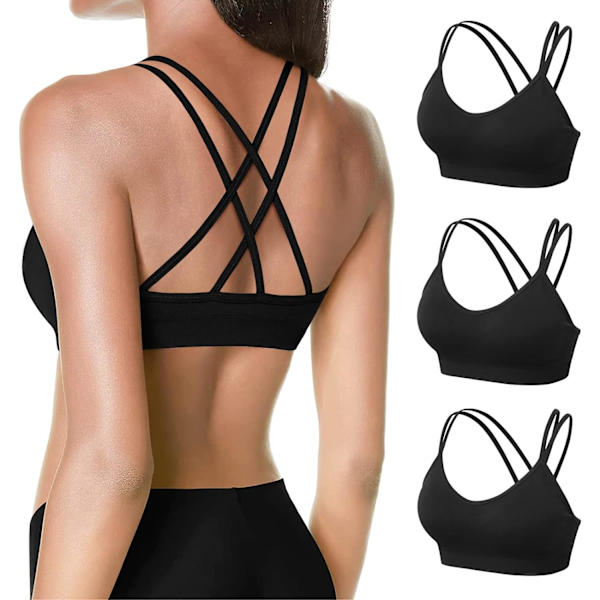NG Sport-BH för kvinnor med korsrygg, vadderad, med remmar, medium stöd, yogabh för träning och fitness, 3-pack (svart+svart+svart) XX-Large
