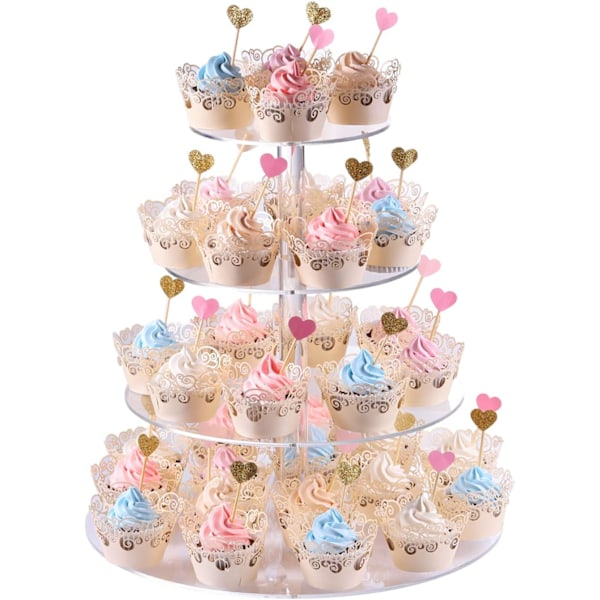 Ccake Stand, 4-Tier Rund Akryl Cupcake Display Stativ Dessert Tårn Konditori Stativ för Bröllop Födelsedag Tema Fest- 15.7 Tum (Transparent)