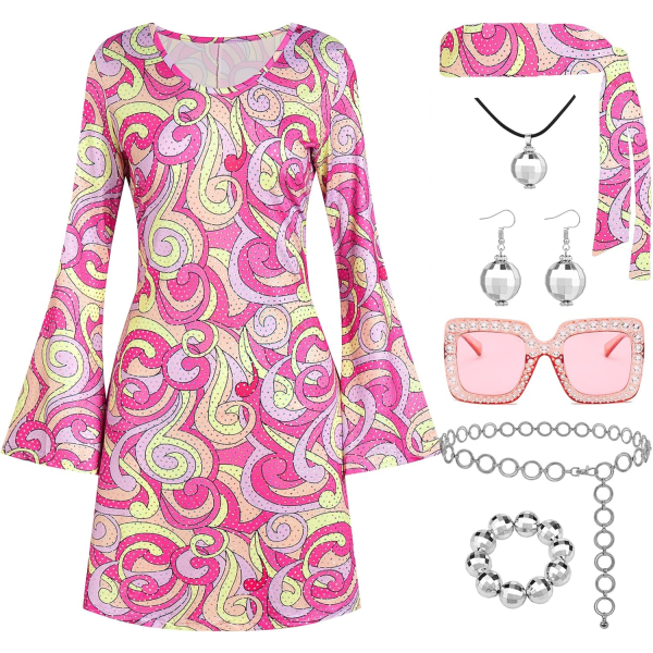 rjoke 70-tals disco-outfit för kvinnor, 7 delar 70-tals discoklänning kostym hippie kläder accessoarer smycken Halloween rosa XX-Large
