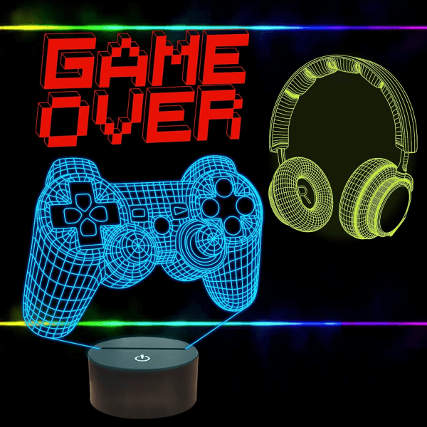 el Game Over Illusion Lamp, Gamepad 3D Nattlampa (3 mönster) med fjärrkontroll 16 färger Ändring Spelrum Dekor Bästa Jul Födelsedagspresenter