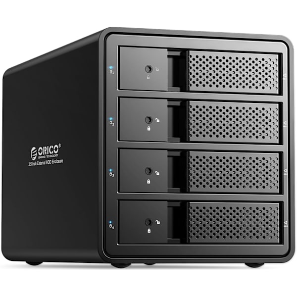 4-fack USB 3.0 till SATA 3,5-tums extern hårddiskhölje stödjer 64 TB (4 x 16 TB) verktygsfritt hölje i aluminiumlegering med fläkt / 150 W / diskdatalagring