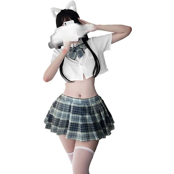 GUYUN Japansk skolflickor Uniform galler Pleated kjol Anime Cosplay Lingerie JK Kostym Sexig med strumpor 6914vit Blå