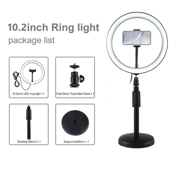 Austable LED-ljusring, selfie, runda lampor, USB, med mobilhållare, stativ,