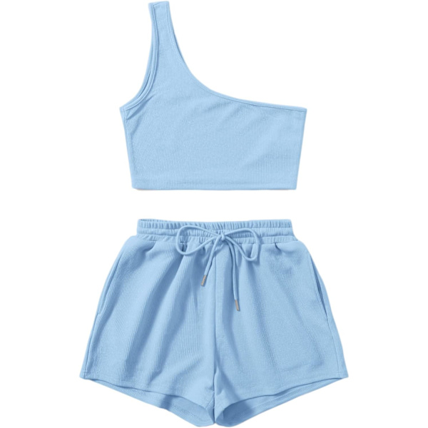 dusa Dam One Shoulder Tank Top och Lounge Shorts 2 Piece Tracksuit Set Ljusblå Liten