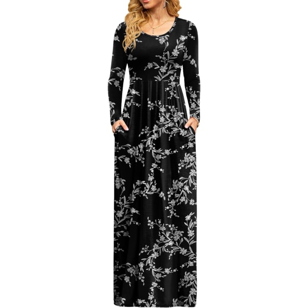 MOON Damkläder Casual Långärmad Maxiklänningar Empire Midja Lång Klänning med Ficka Vit Blomma Bl X-Large