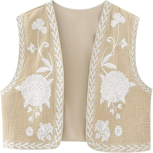 ivimos Dam bomullsbeskuren väst vår sommar ärmlös blommig broderi öppen framsida vintage kofta khaki-vit liten