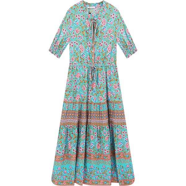 ivimos Dam Sommar Bomull Blommig Puffärmar Casual Boho Dragsko Knapp Upp Midi Klänning Ljusblå#1 X-Small